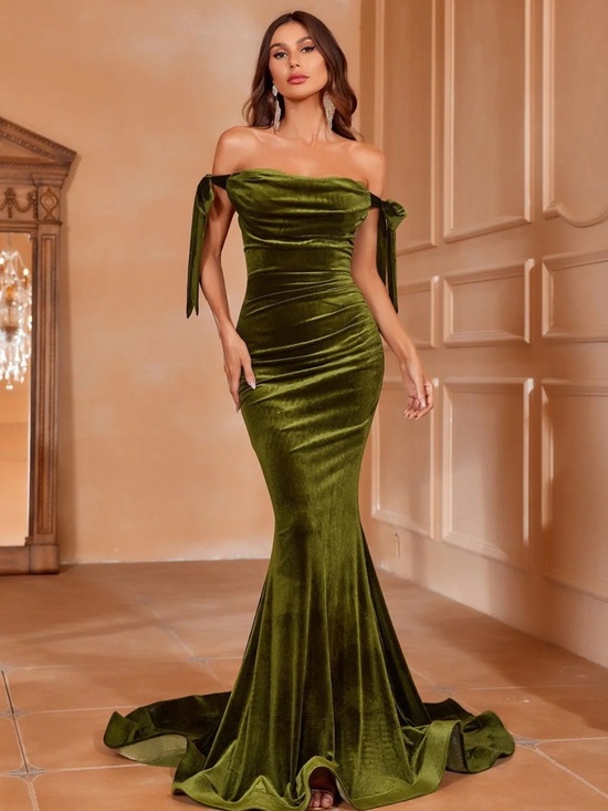 Faeriesty Dresses & Skirts - Faeriesty Off-Shoulder Olive Green Velvet Mermaid Dress